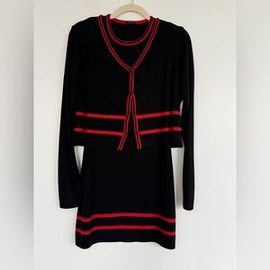 French Curve Black Knit Sleeveless Dress W/Red Striped Detail&Cardigan Set. Sz.S